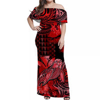 (Custom Personalised) Hawaii Monk Seal Off Shoulder Long Dress Kakau With Kanaka Red LT14 Women Red - Polynesian Pride