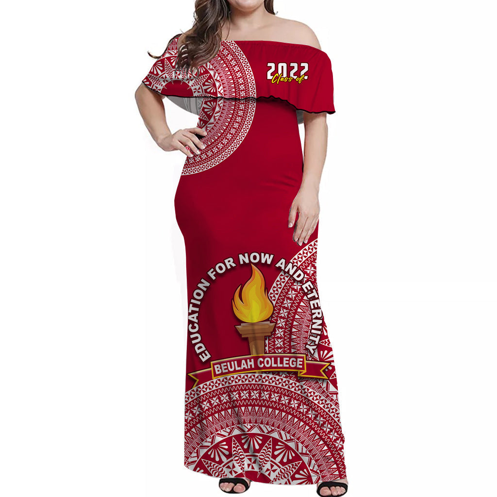 (Custom Personalised) Beulah Tonga College Off Shoulder Long Dress Class Of Year Tongan Ngatu Pattern LT14 Women Maroon - Polynesian Pride