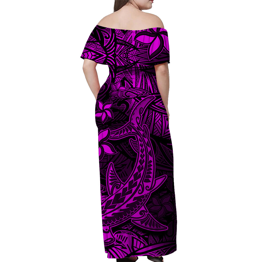 Polynesian Off Shoulder Long Dress Pink Hawaiian Tribal Hammerhead Shark LT14 - Polynesian Pride