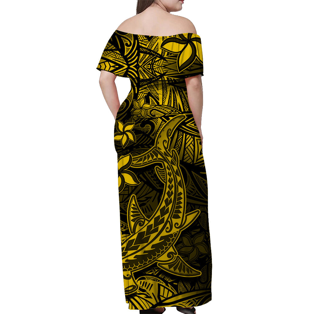 Polynesian Off Shoulder Long Dress Gold Hawaiian Tribal Hammerhead Shark LT14 - Polynesian Pride