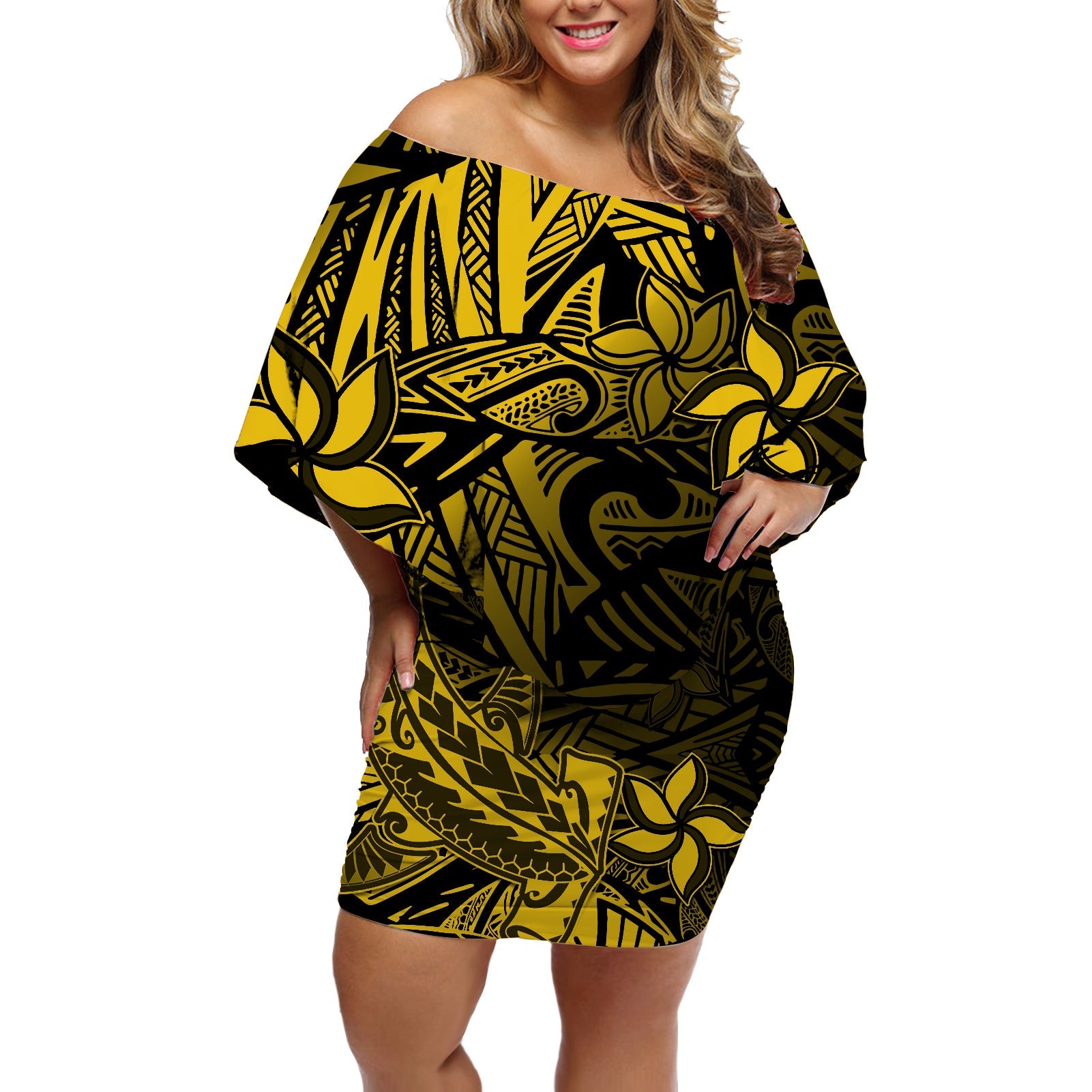 Polynesian Off Shoulder Short Dress Gold Hawaiian Tribal Hammerhead Shark LT14 Women Gold - Polynesian Pride