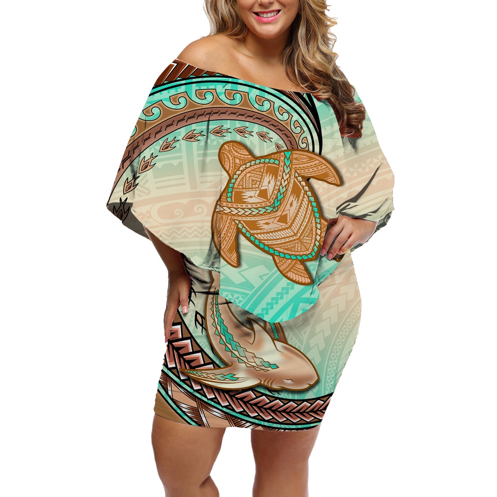 Hawaii Off Shoulder Short Dress Polynesian Shark And Sea Turtle Dreamy Turquoise Artsy LT14 Women Turquoise - Polynesian Pride