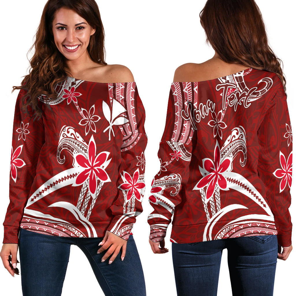 (Custom Personalised) Hawaii Flowers Wave Off Shoulder Sweater Kanaka Maoli Red Polynesian LT13 Women Red - Polynesian Pride