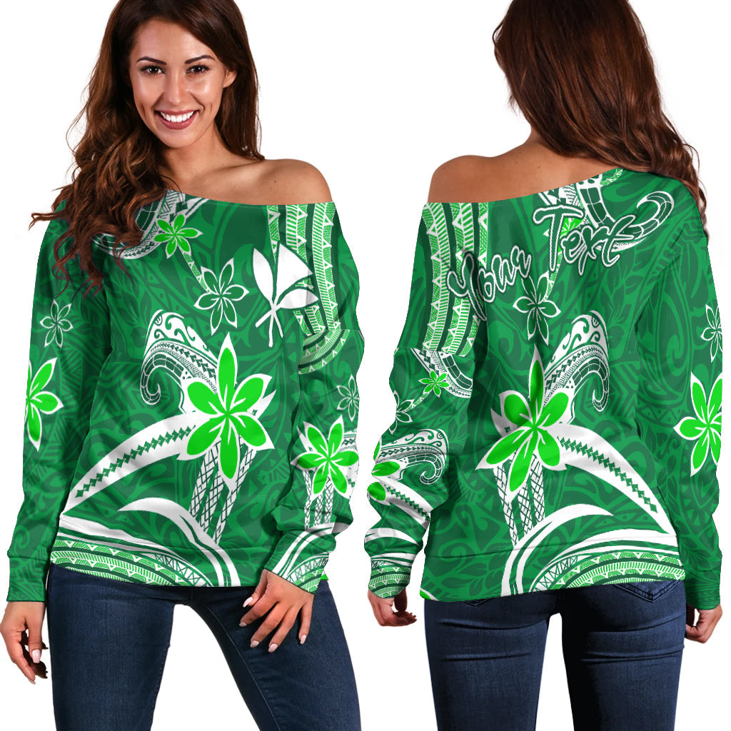 (Custom Personalised) Hawaii Flowers Wave Off Shoulder Sweater Kanaka Maoli Green Polynesian LT13 Women Green - Polynesian Pride