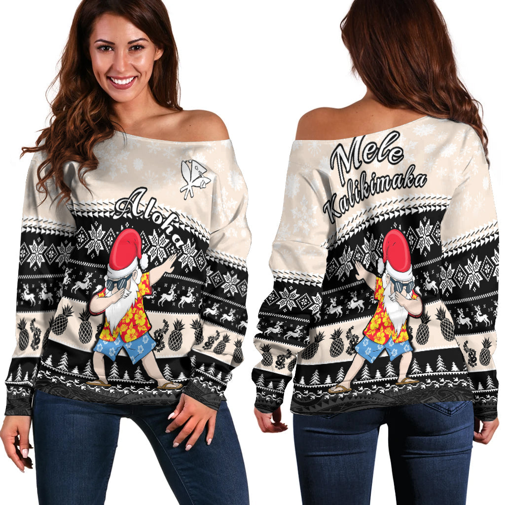 Hawaii Mele Kalikimaka Off Shoulder Sweater Dabbing Santa Black Merry Christmas LT14 Women Black - Polynesian Pride