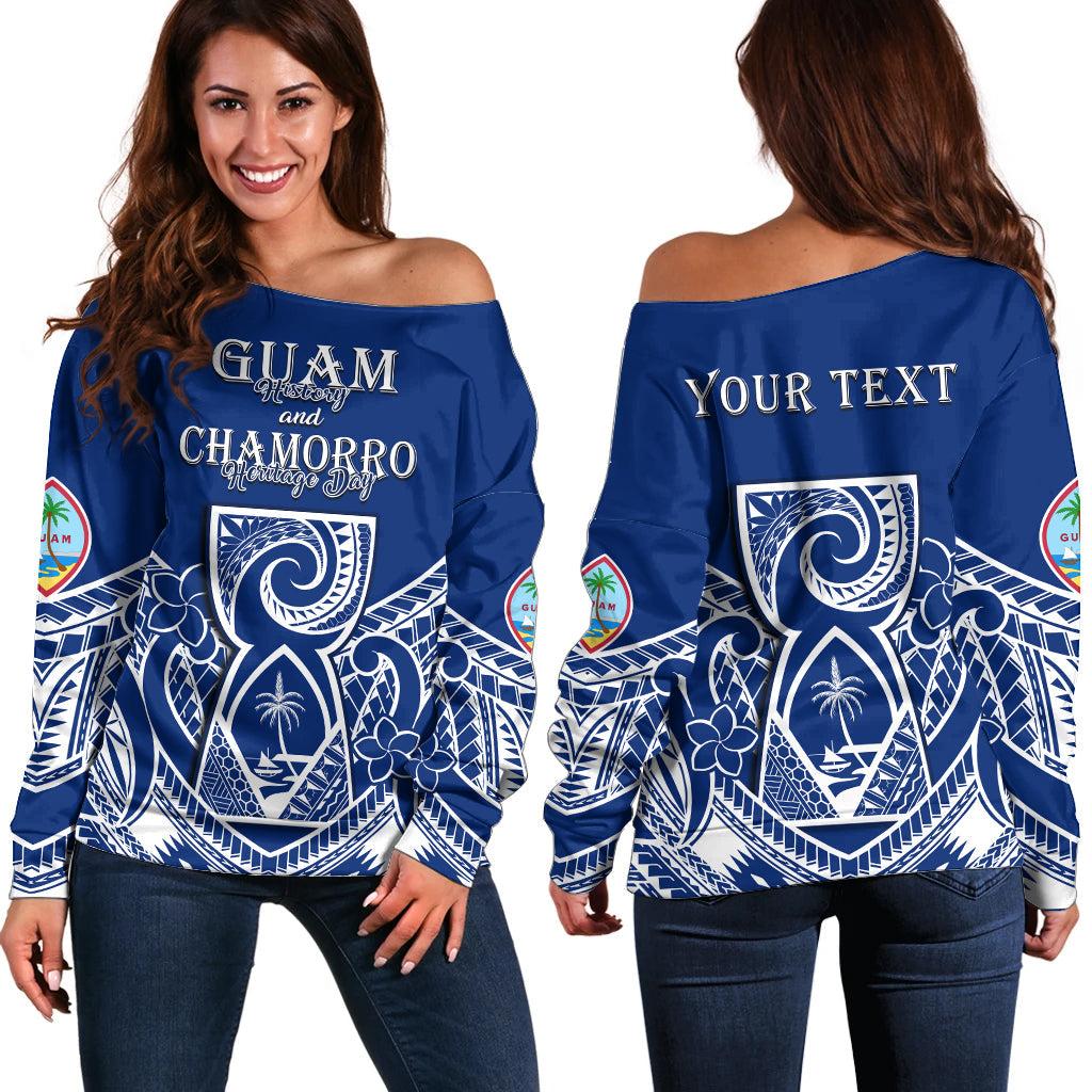 (Custom Personalised) Guam History and Chamorro Heritage Day Off Shoulder Sweater Latte Stone Polynesian LT14 Women Blue - Polynesian Pride