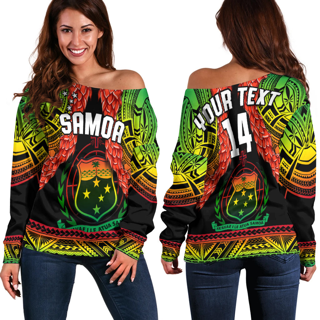 (Custom Text And Number) Samoa Rugby Off Shoulder Sweater Teuila Torch Ginger Gradient Style LT14 Women Black - Polynesian Pride