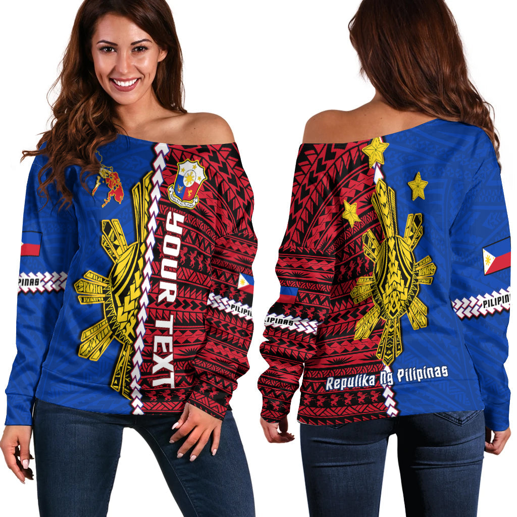 (Custom Personalised) Philippines Off Shoulder Sweater Pilipinas Sun Mix Polynesian Pattern LT14 Women Red - Polynesian Pride