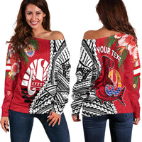 (Custom Personalised) Tahiti Islands Off Shoulder Sweater Polynesian Shark Mix Tropical Flowers LT14 Women Red - Polynesian Pride