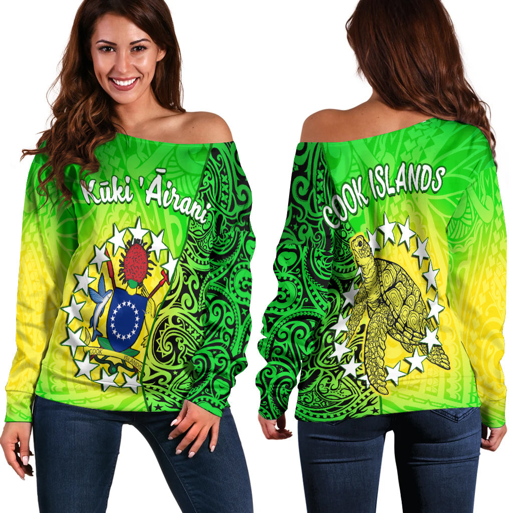 Cook Islands Off Shoulder Sweater Cook Islands Coat Of Arms Turtle Polynesian LT14 Women Green - Polynesian Pride