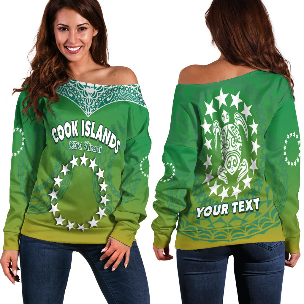 (Custom Personalised) Cook Islands Off Shoulder Sweater Circle Pattern Mix Sea Turtle Green Version LT14 Women Green - Polynesian Pride