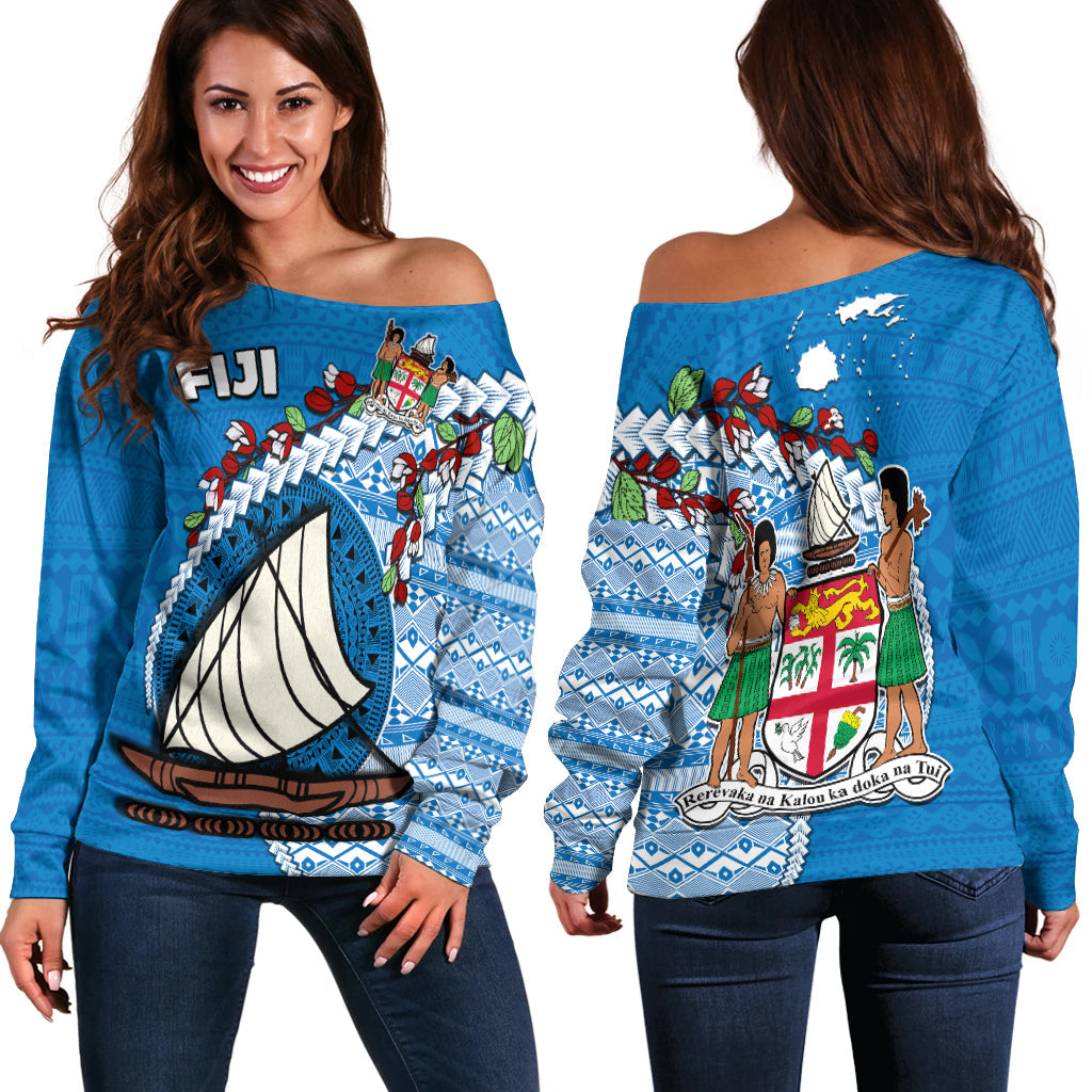 Fiji Off Shoulder Sweater Fijian Drua Mix Tagimaucia Flower Blue Style LT14 Women Blue - Polynesian Pride