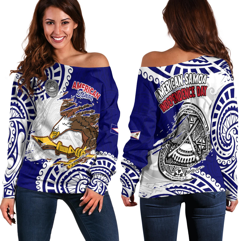 American Samoa Independence Day Off Shoulder Sweater Polynesian Special Version LT14 Women Blue - Polynesian Pride