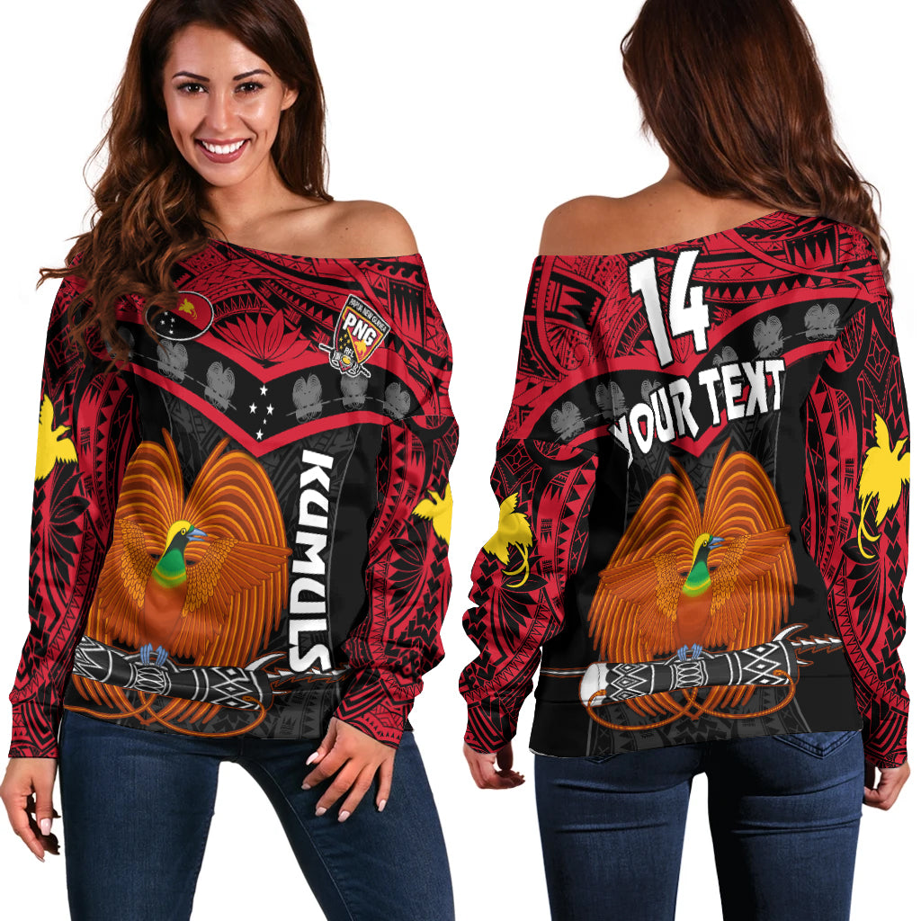 (Custom Text And Number) Papua New Guinea Rugby Off Shoulder Sweater PNG Kumuls Bird Of Paradise Black LT14 Women Black - Polynesian Pride