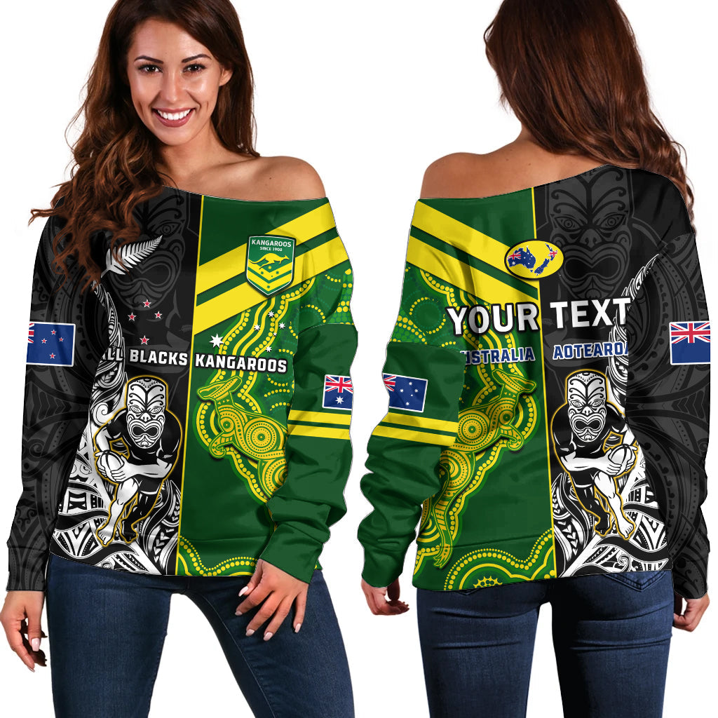 (Custom Personalised) Australia Kangaroos And All Black Rugby Off Shoulder Sweater Aboriginal Mix NZ Maori Fern LT14 Women Black - Polynesian Pride