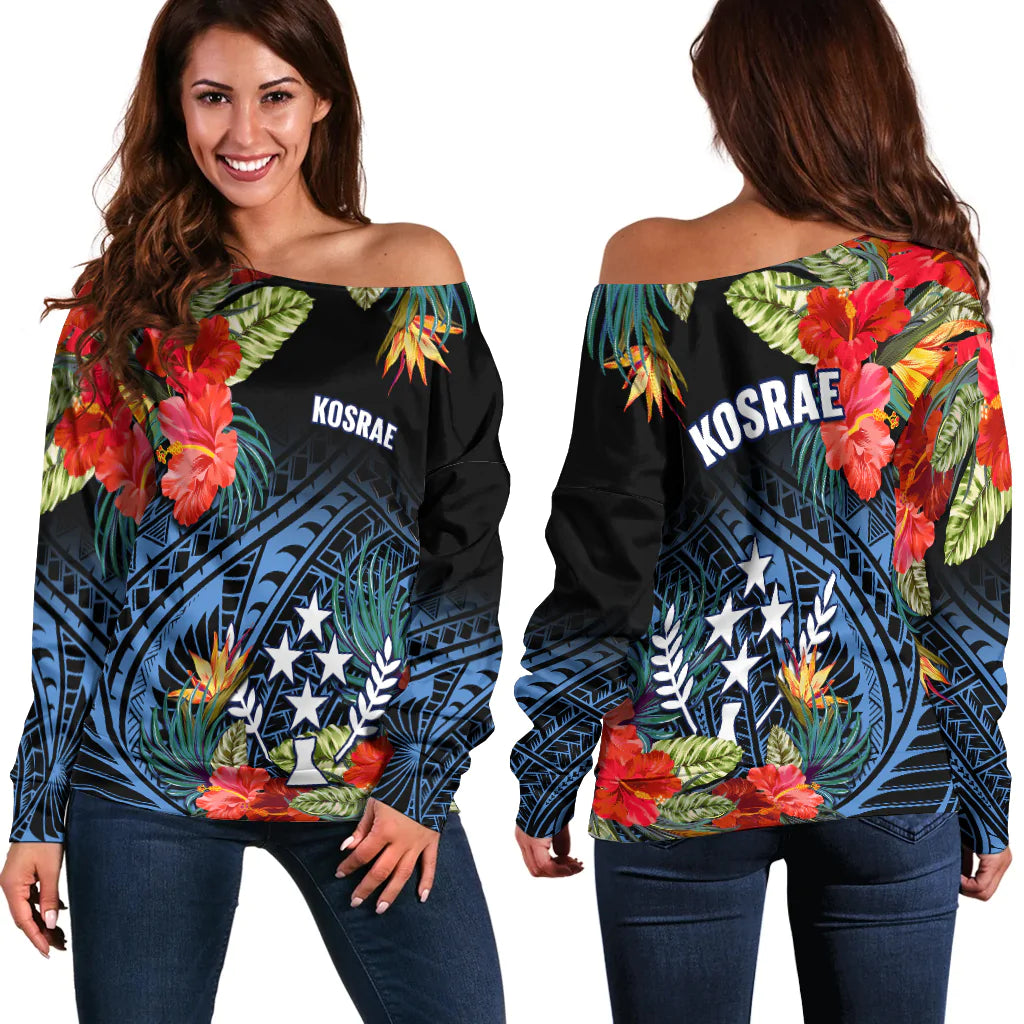 Kosrae State Off Shoulder Sweater FSM Hibiscus Flowers Mix Polynesian LT14 Women Blue - Polynesian Pride