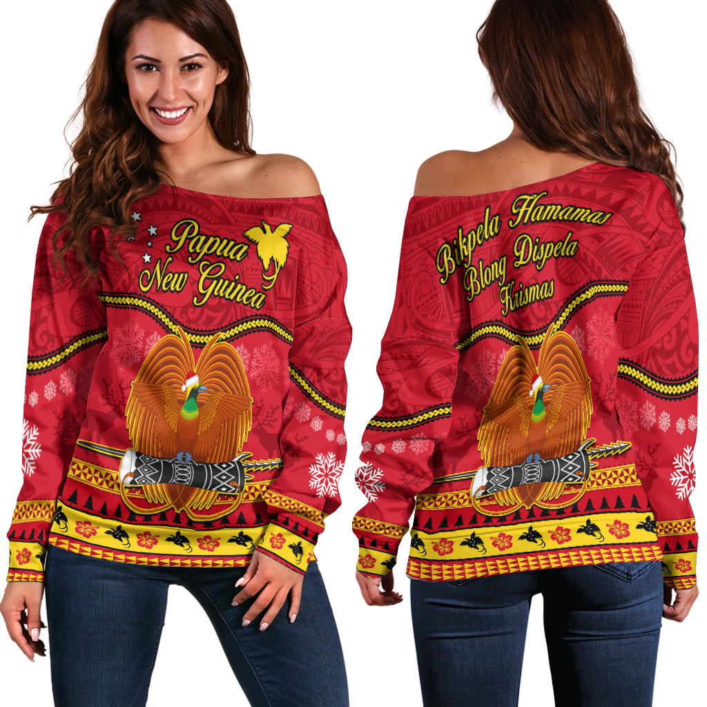 Papua New Guinea Christmas Off Shoulder Sweater Bird Of Paradise Bikpela Hamamas Blong Dispela Krismas LT14 Women Red - Polynesian Pride