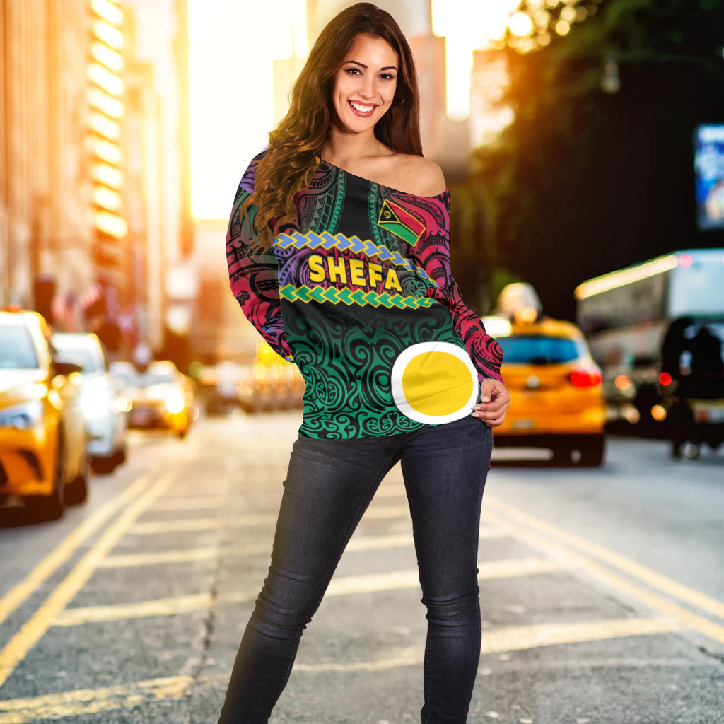 (Custom Personalised) Shefa Province Off Shoulder Sweater Vanuatu Pig Tusk Polynesian Flag Style LT14 - Polynesian Pride