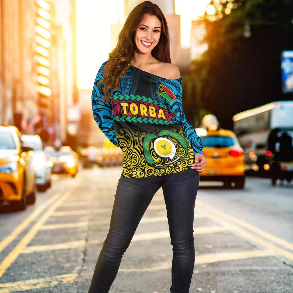 (Custom Personalised) Torba Province Off Shoulder Sweater Vanuatu Pig Tusk Polynesian Flag Style LT14 - Polynesian Pride