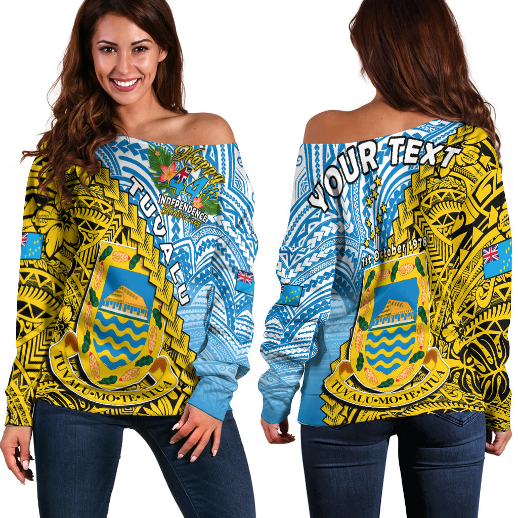 (Custom Personalised) Tuvalu 1978 Off Shoulder Sweater Happy 44th Independence Anniversary Polynesian Pattern LT14 Women Yellow - Polynesian Pride