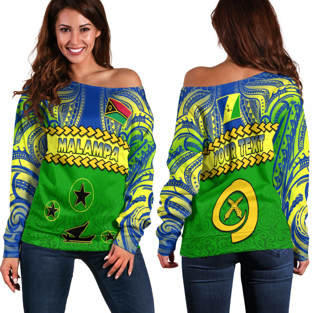 (Custom Personalised) Malampa Province Off Shoulder Sweater Vanuatu Pig Tusk Polynesian Flag Style LT14 Women Green - Polynesian Pride