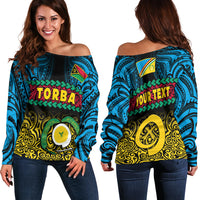 (Custom Personalised) Torba Province Off Shoulder Sweater Vanuatu Pig Tusk Polynesian Flag Style LT14 Women Black - Polynesian Pride