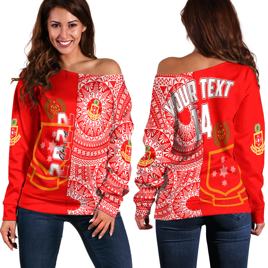 (Custom Text And Number) Kolisi Tonga High School Off Shoulder Sweater Class Of Year Tongan Ngatu Pattern LT14 Women Red - Polynesian Pride