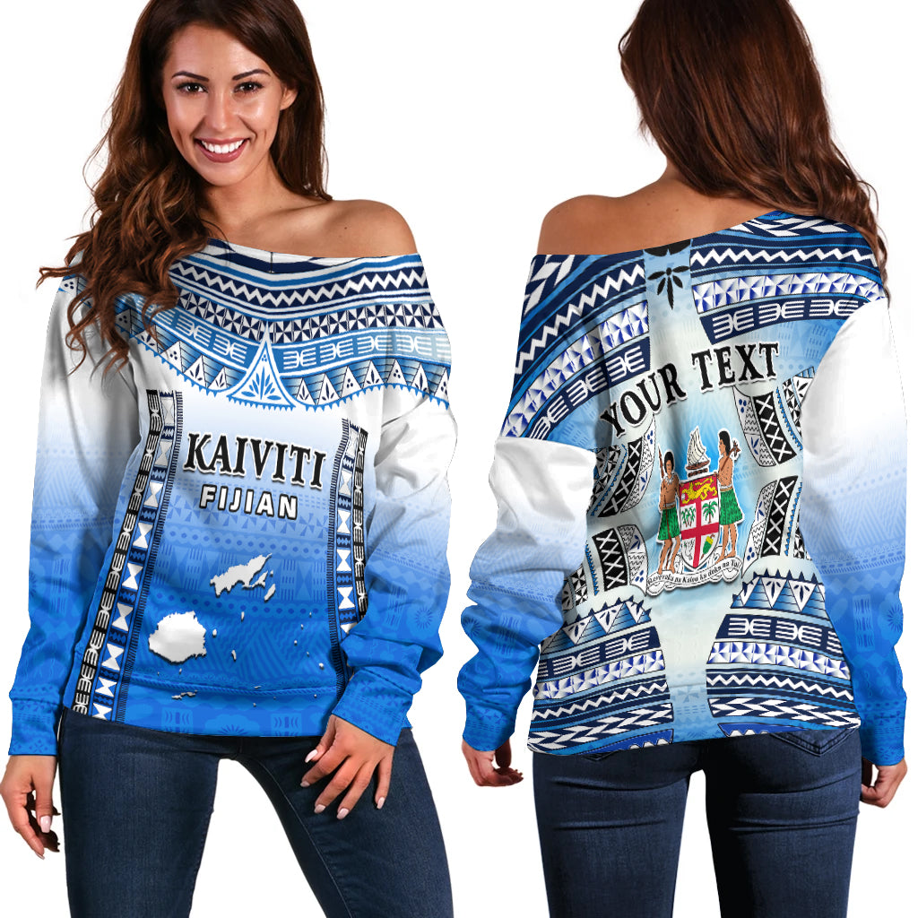 Custom Text And Number Fiji Off Shoulder Sweater Kaiviti Fijian Special Tapa Pattern LT14 Women Blue - Polynesian Pride