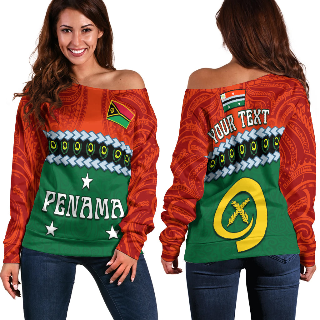 (Custom Personalised) Penama Province Off Shoulder Sweater Vanuatu Pig Tusk Polynesian Flag Style LT14 Women Green - Polynesian Pride