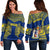 Niue Off Shoulder Sweater Hiapo Mix Polynesian Happy Constitution Day LT14 Women Blue - Polynesian Pride