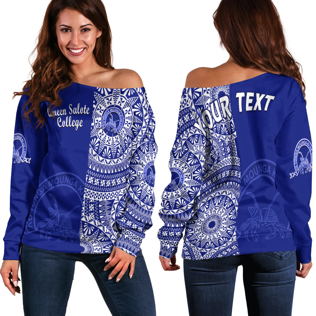 (Custom Personalised) Queen Salote Tonga College Off Shoulder Sweater Tongan Ngatu Pattern LT14 Women Blue - Polynesian Pride