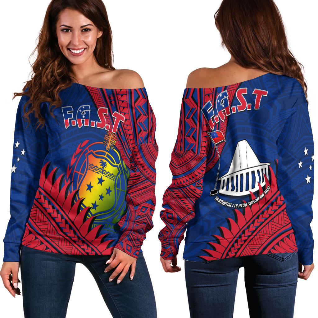 F.A.S.T Samoa Off Shoulder Sweater Samoan Coat Of Arms Polynesian Pattern LT14 Women Blue - Polynesian Pride