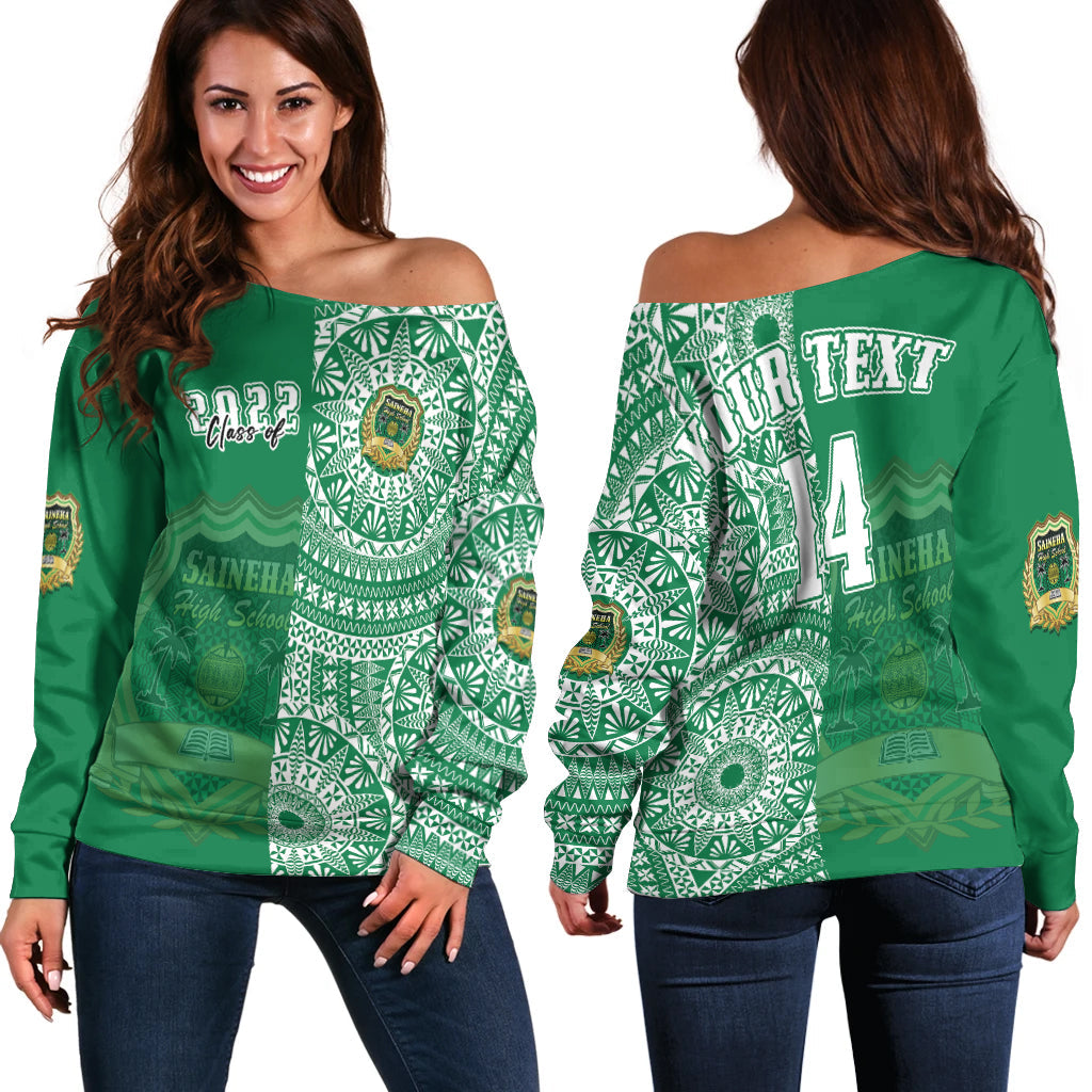 (Custom Text And Number) Tonga Saineha High School Off Shoulder Sweater Class Of Year Tongan Ngatu Pattern LT14 Women Green - Polynesian Pride