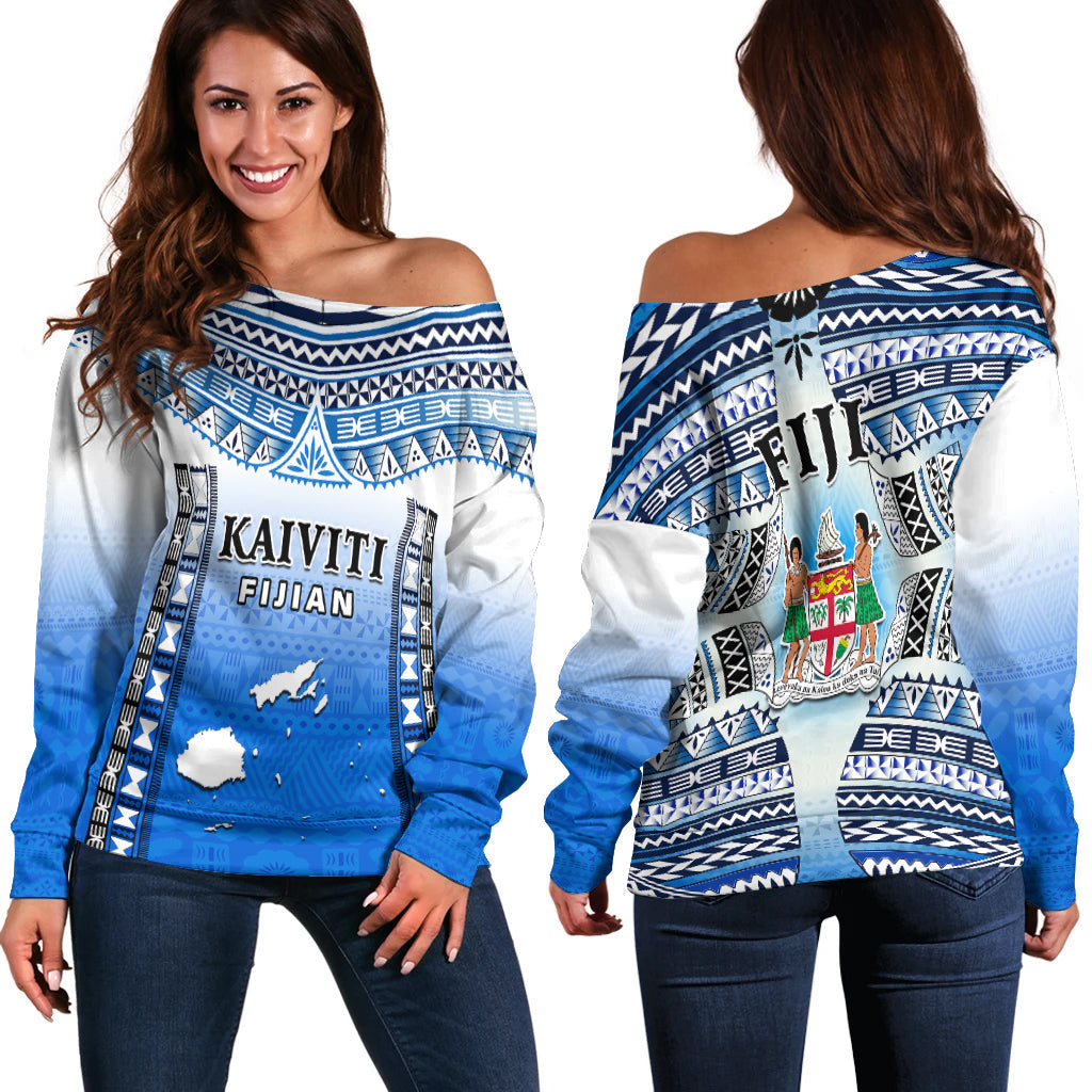 Fiji Off Shoulder Sweater Kaiviti Fijian Special Tapa Pattern LT14 Women Blue - Polynesian Pride