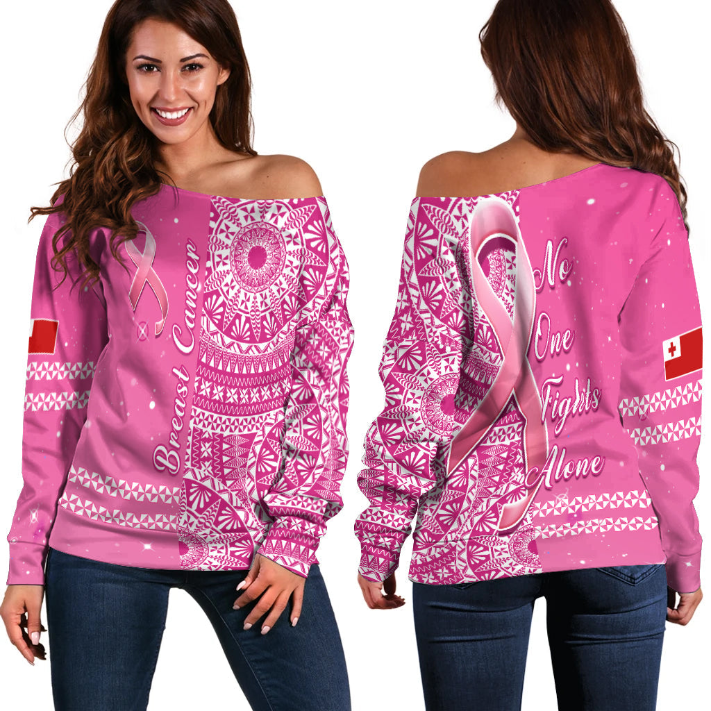 Tonga Breast Cancer Off Shoulder Sweater Tongan Ngatu Pattern No One Fights Alone LT14 Women Pink - Polynesian Pride