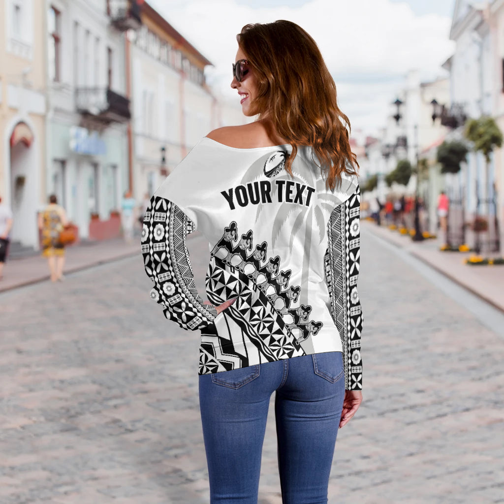 (Custom Personalised) Fiji Rugby Off Shoulder Sweater Fijian Cibi Dance Tapa Pattern White LT14 - Polynesian Pride