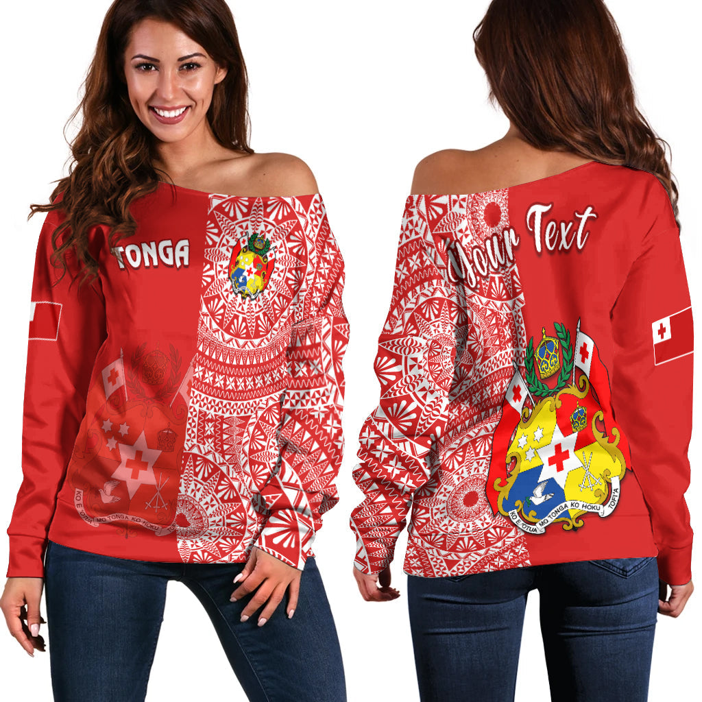 (Custom Personalised) Tonga Off Shoulder Sweater Tongan Coat Of Arms Ngatu Pattern LT14 Women Red - Polynesian Pride