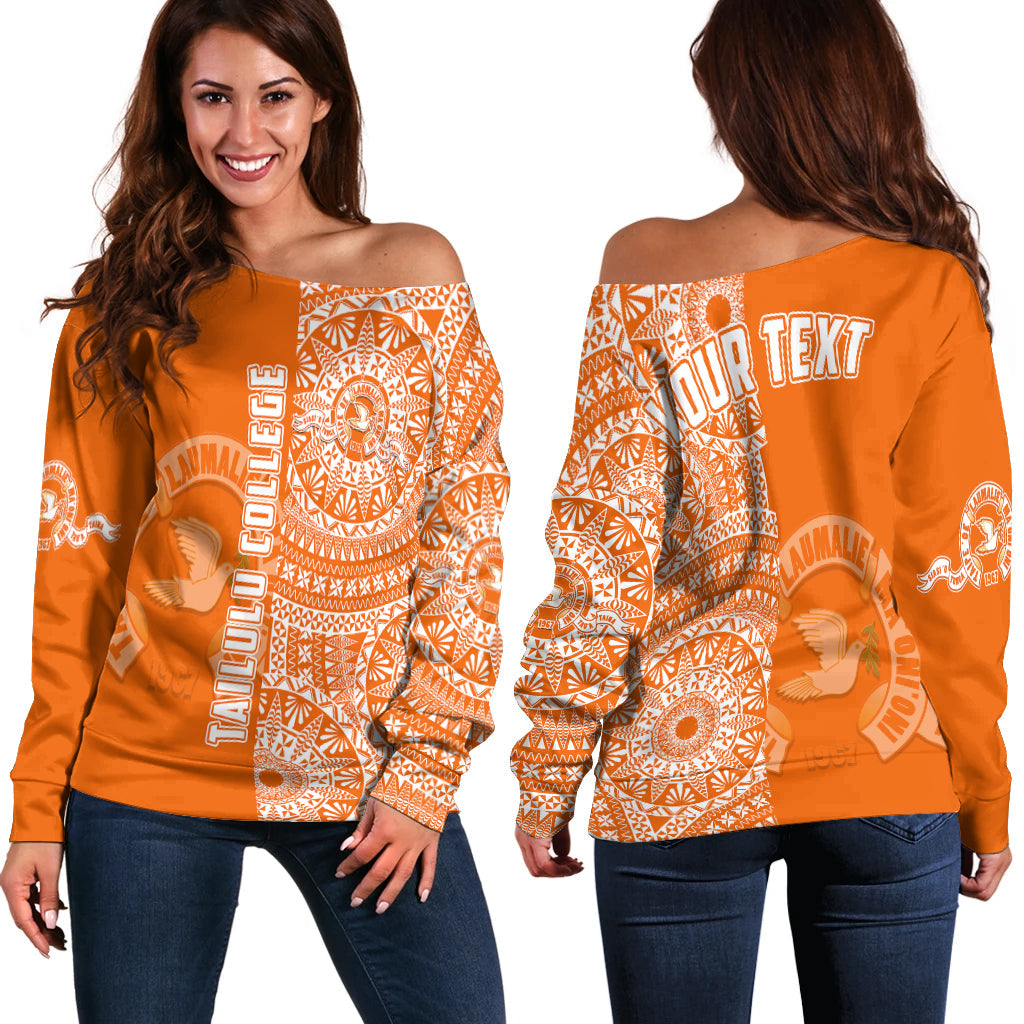 (Custom Personalised) Tailulu Tonga College Off Shoulder Sweater Tongan Ngatu Pattern LT14 Women Orange - Polynesian Pride