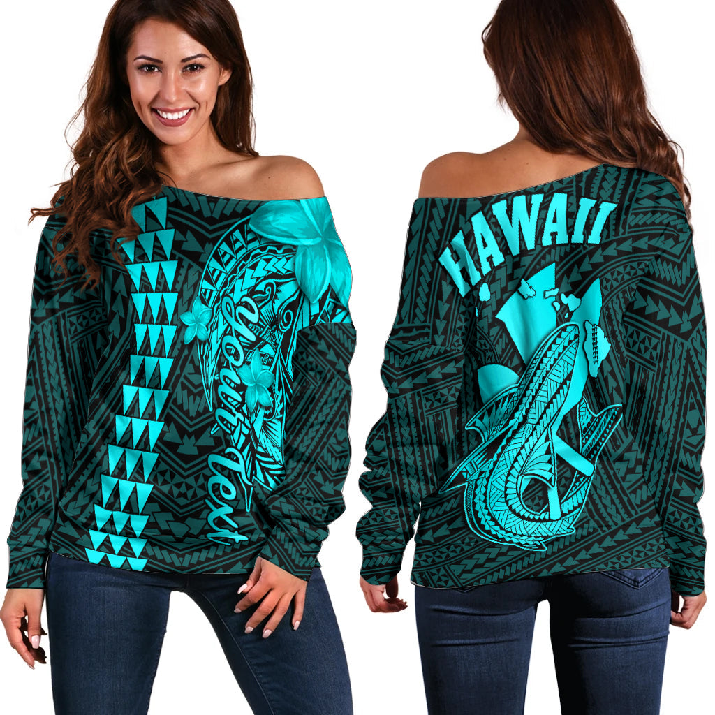 (Custom Personalised) Hawaii Off Shoulder Sweater Kakau Kanaka Maoli Combine Polynesian Shark Ver.04 LT14 Women Turquoise - Polynesian Pride