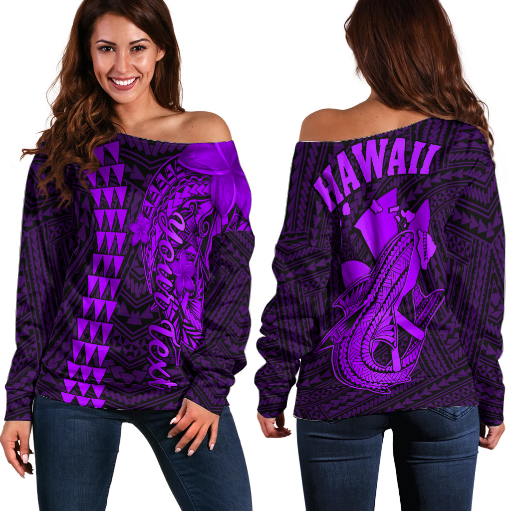 (Custom Personalised) Hawaii Off Shoulder Sweater Kakau Kanaka Maoli Combine Polynesian Shark Ver.05 LT14 Women Purple - Polynesian Pride