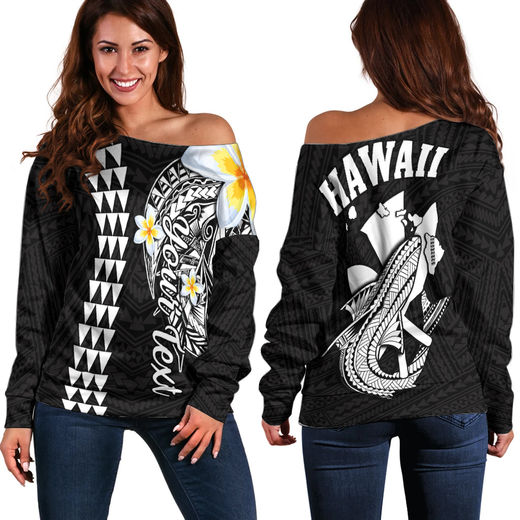 (Custom Personalised) Hawaii Off Shoulder Sweater Kakau Kanaka Maoli Combine Polynesian Shark Ver.07 LT14 Women Black - Polynesian Pride