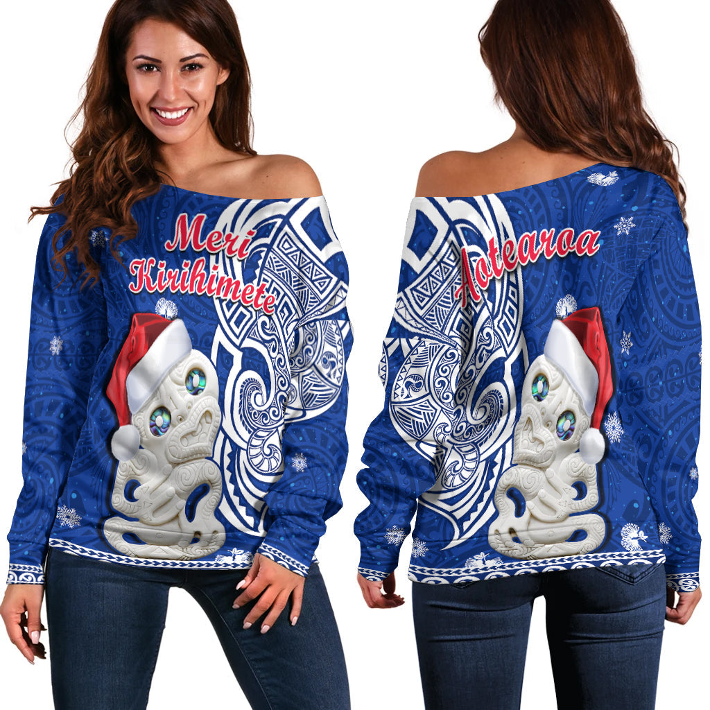 New Zealand Christmas Off Shoulder Sweater Hei Tiki Blue Pohutukawa Meri Kirihimete LT14 Women Blue - Polynesian Pride