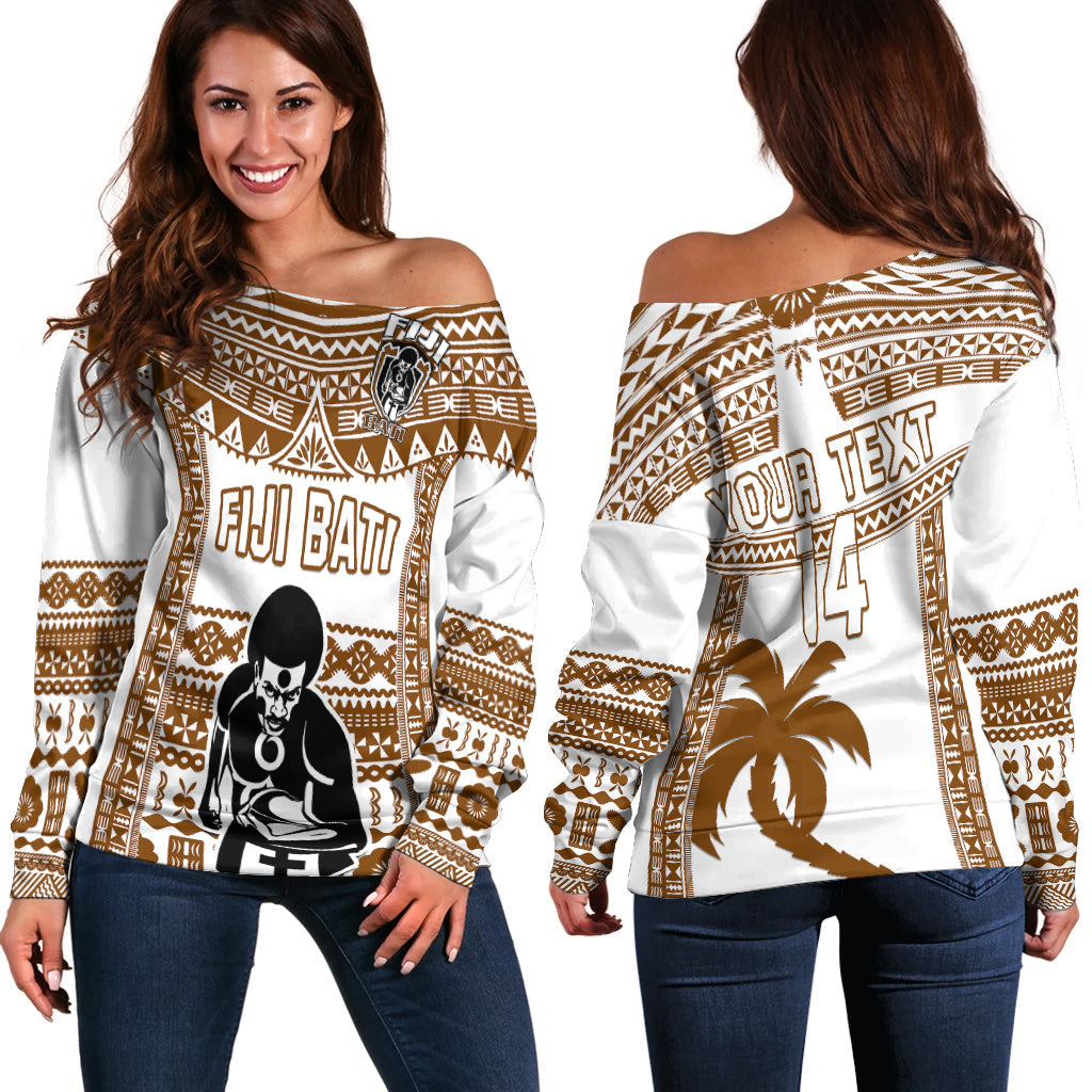 Custom Text And Number Fiji Rugby Off Shoulder Sweater Pacific The Bati Brown Fijian Tapa LT14 Women Brown - Polynesian Pride