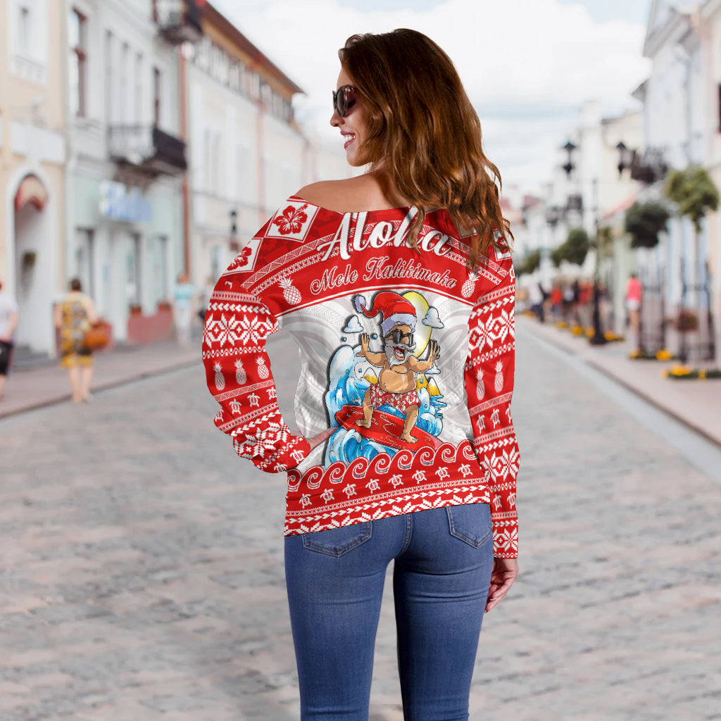 Custom Personalised Hawaii Christmas Off Shoulder Sweater Surfing Santa Mele Kalikimaka Polynesian LT14 - Polynesian Pride
