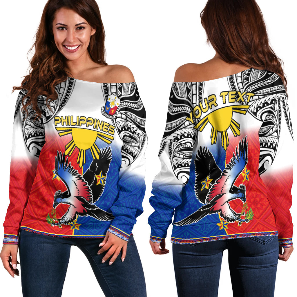 Custom Personalised Philippines Off Shoulder Sweater Polynesian Filipino Pattern With Eagle LT14 Women White - Polynesian Pride