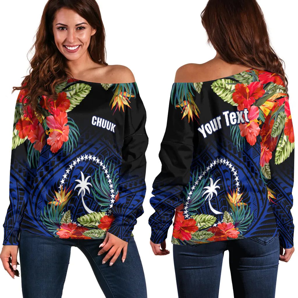 (Custom Personalised) Chuuk State Off Shoulder Sweater FSM Hibiscus Flowers Mix Polynesian LT14 Women Blue - Polynesian Pride