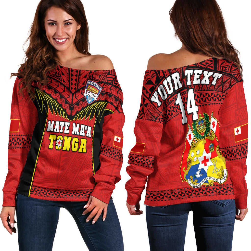 (Custom Text And Number) Tonga Rugby Off Shoulder Sweater Mate Maa Tonga Pacific Ngatu Black LT14 Women Red - Polynesian Pride