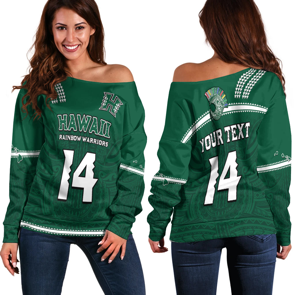 (Custom Text And Number) Hawaii Football Off Shoulder Sweater Kakau Rainbow Warriors Helmet Go Bows LT14 Women Green - Polynesian Pride