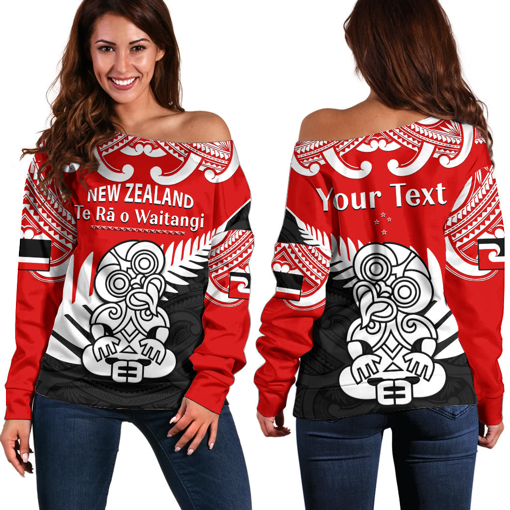 (Custom Personalised) Waitangi Day Off Shoulder Sweater Tino Rangatiratanga Flag With Tiki Maori Fern LT14 Women Red - Polynesian Pride