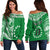 (Custom Text and Number) Cook Islands Tatau Off Shoulder Sweater Symbolize Passion Stars Version Green LT13 Women Green - Polynesian Pride